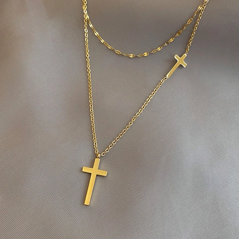 Titanium Steel Double Layer Cross Necklace 18K Gold Plated Triple Pendants Water Wave Chain Fashion Jewelry Women