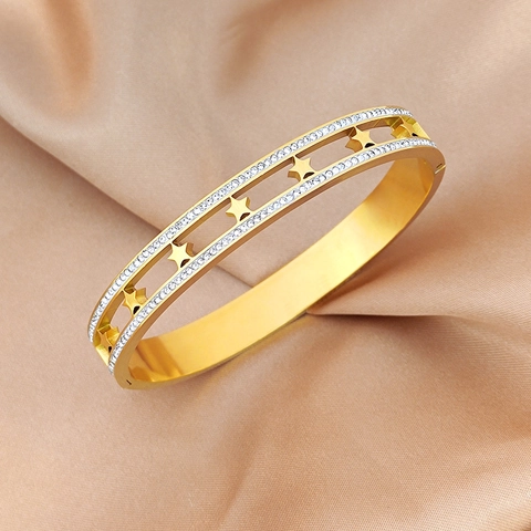 Star Hollow Titanium Steel Bangle For Women Rhinestone Inlaid Gold Rose Gold Silver Bracelet Elegant Jewelry Gift
