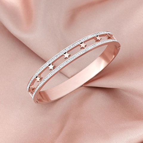 Star Hollow Titanium Steel Bangle For Women Rhinestone Inlaid Gold Rose Gold Silver Bracelet Elegant Jewelry Gift