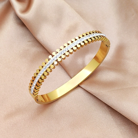 Fashion 316L Titanium Steel Zirconia Inlaid Bangle For Women Double Row Round Nails Buckle Hinge Bracelet Gold Rose Gold Silver Jewelry