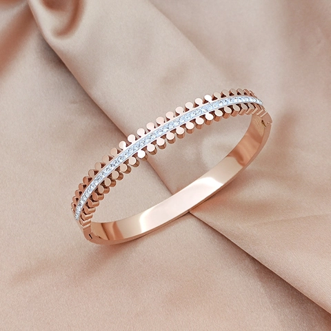 Fashion 316L Titanium Steel Zirconia Inlaid Bangle For Women Double Row Round Nails Buckle Hinge Bracelet Gold Rose Gold Silver Jewelry