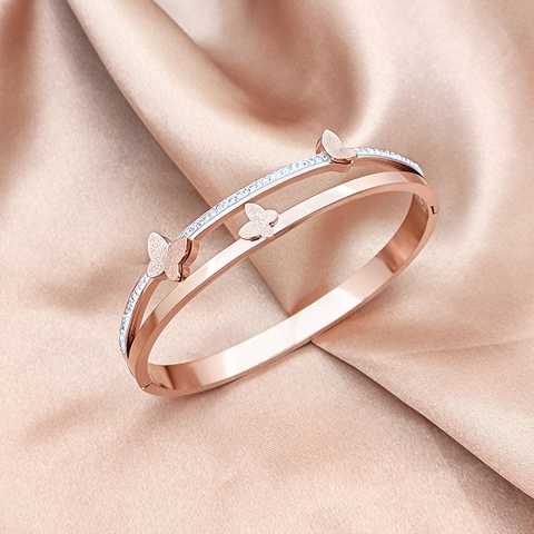 Minimalist Titanium Steel Double Layer Bangle With Frosted Butterfly Charms Rhinestone Inlaid Open Bracelet For Women Jewelry
