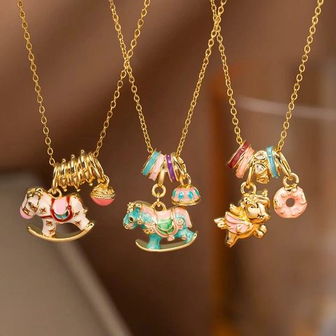 Enamel Rocking Horse Pendant Necklace Stainless Steel Titanium Gold Plated Sweet Unicorn Donut Jewelry For Women Girls