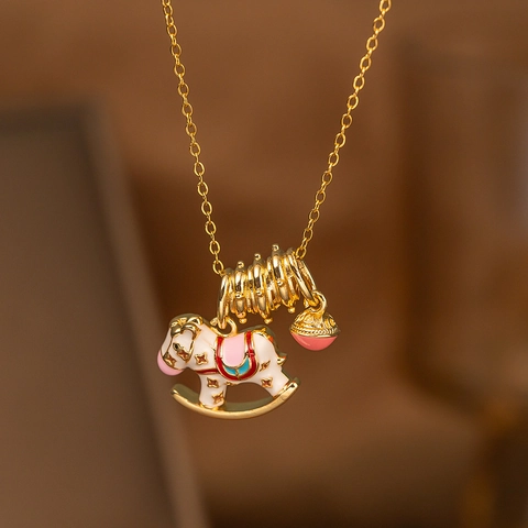 Enamel Rocking Horse Pendant Necklace Stainless Steel Titanium Gold Plated Sweet Unicorn Donut Jewelry For Women Girls