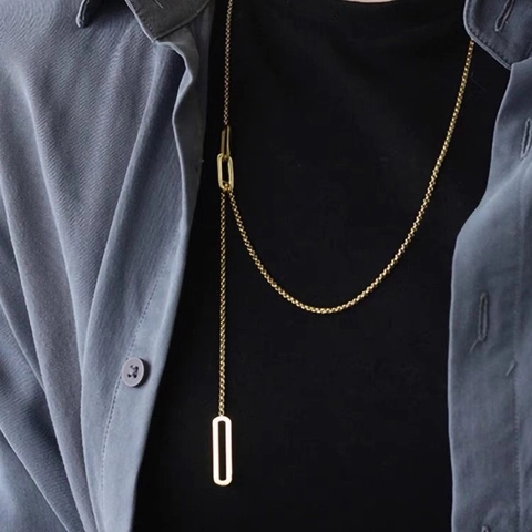 Stainless Steel Geometric Y-Shaped Long Necklace Adjustable Rectangle Hollow Link Sweater Chain Gold Silver Jewelry For Women
