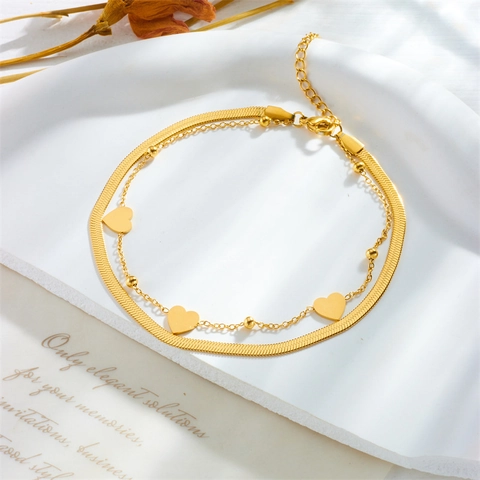Gold Plated Titanium Steel Heart Pendant Anklet With Snake Chain Beads Foot Chain Jewelry For Women Stackable Ankle Bracelet
