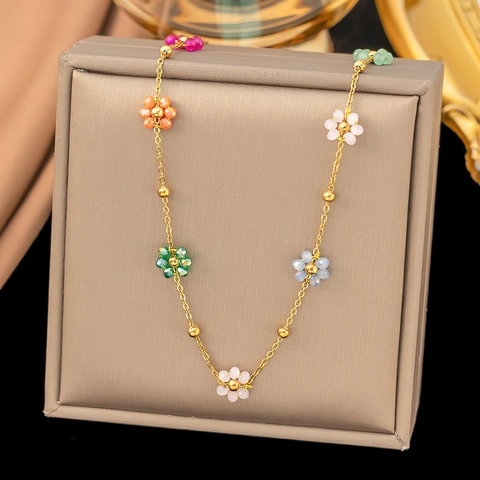 Stainless Steel Necklace And Bracelet Colorful Natural Stone Artificial Pearl Beaded Daisy Flower Dopamine Jewelry For Women