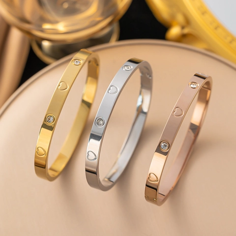 Fashion Stainless Steel Heart Bangle For Women Gold Rose Gold Silver Plated Zirconia Heart Bangle Bracelet Jewelry Gift