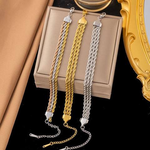Fashion Stainless Steel Twisted Rope Chain Bracelet For Women 3-Layer Gold Silver Tri-color Adjustable Hand Jewelry