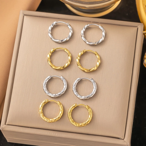 Edelstahl Runde Creolen Für Damen 18K Vergoldet Silber Gehämmert Verdreht Geometrische Creolen Schmuck Geschenk