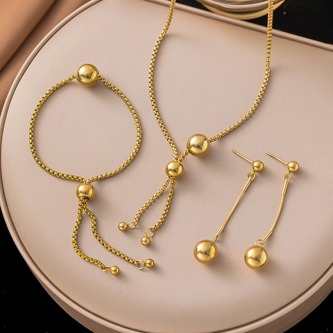 Minimalist Titanium Steel Gold Round Ball Pendant Necklace Adjustable Box Chain Bracelet And Long Drop Earrings For Women