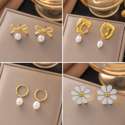 Orecchini in Acciaio Inossidabile con Perle Artificiali Donna Lusso Leggero Moda Fiocco Margherita Cuore Orecchini Pendenti