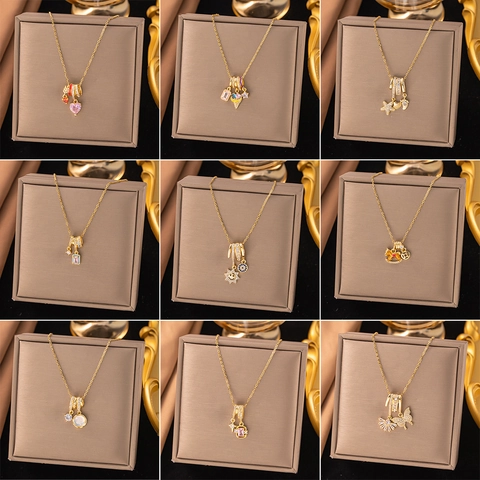 Collana con Ciondolo in Acciaio al Titanio e Rame con Strass per Donna a Forma di Cuore Stella Farfalla Fiore Gioielli di Moda