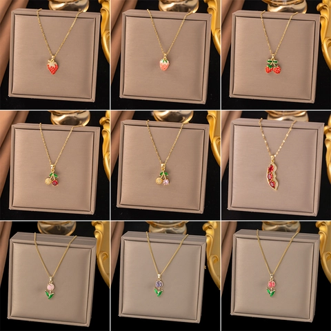 Collana con Pendente a Forma di Frutta e Fiori in Acciaio Inossidabile per Donna Lusso Leggero Oro Argento Strass Cuore Tulipe Gioielli