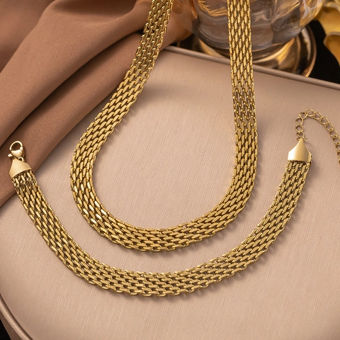 Trendy Titanium Steel Woven Mesh Chain Necklace Bracelet Set For Women Flat Snake Bone Clavicle Chain Jewelry Gold Plated
