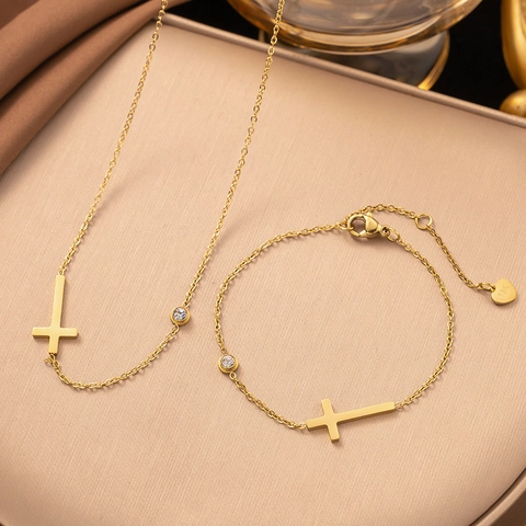 Collana con Pendente a Croce in Acciaio al Titanio Minimalista Braccialetto Cavigliera Donna Oro Argento Zirconia