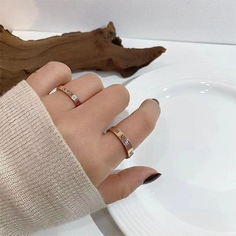 Titanium Steel Roman Numeral Ring With Rhinestone Rose Gold Gold Plated Minimalist Band For Women Jewelry Gift