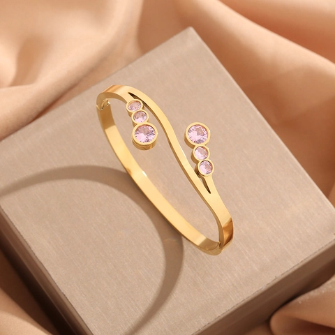 Jonc en Acier au Titane Minimaliste pour Femmes Bracelet Manchette Rond Ajouré Incrusté de Strass Rose Bijoux Électroplaqués