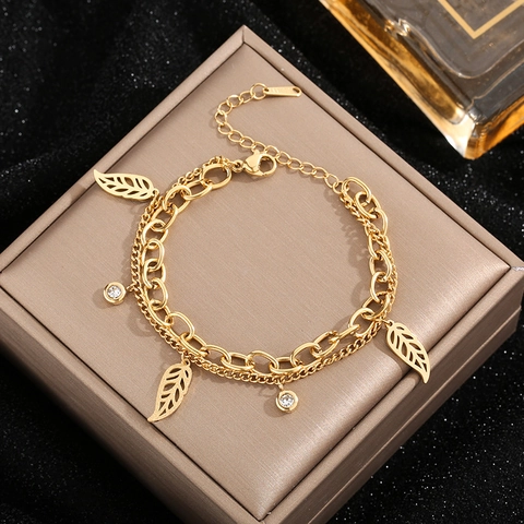 Bracciale da Donna in Acciaio Inossidabile a Doppio Strato Con Pendenti a Foglia Traforata e Zirconia Gioielli Catena Placcata Oro