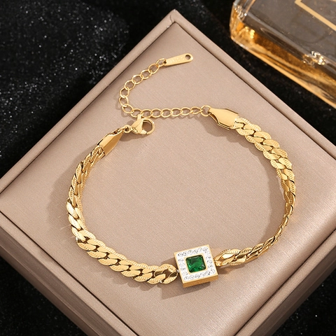 Vintage Stainless Steel Emerald Green Zirconia Bracelet Anklet Gold Plated Square Gemstone Luxury Fashion Women Jewelry