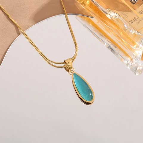 Vintage Stainless Steel Waterdrop Pendant Necklace For Women Blue Cat's Eye Stone Gold Plated Snake Chain Jewelry Gift