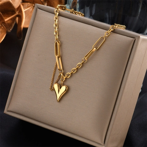 Vintage Titanium Steel Heart Necklace Bracelet Stud Earrings Set For Women Gold Plated Spliced Chain Hiphop Jewelry Gift