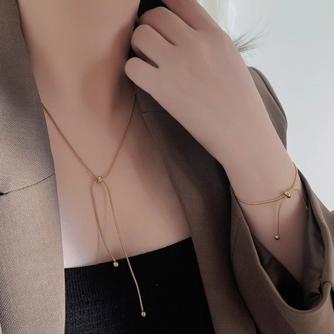 Collier Et Bracelet Ajustables En Acier Titane Avec Chaîne En Os De Serpent Et Curseur Plaqué Or 18K Bijoux Rétro Pour Femmes