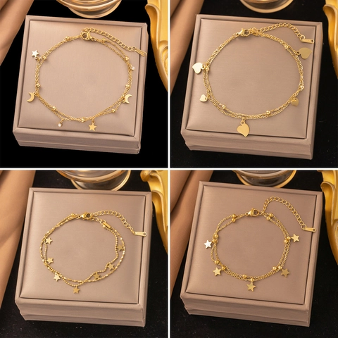 Gelaagd Enkelbandje Roestvrij Staal Verguld Hart Ster Maan Zirkonia Bedeltjes Mode Voetsieraden Voor Vrouwen
