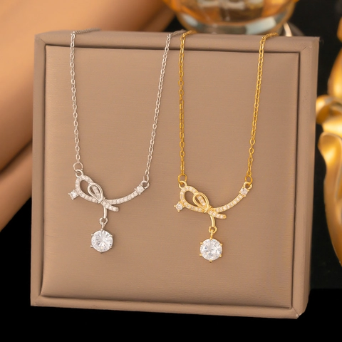 Fashion Stainless Steel Bowknot Pendant Necklace For Women Sparkly Zirconia Ribbon Clavicle Chain Jewelry Gift For Dating