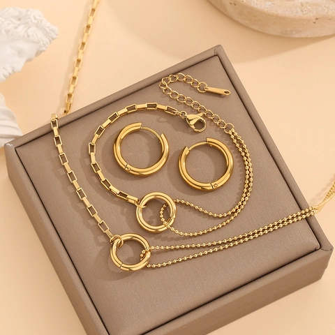 Asymmetric Titanium Steel Geometric Circle Necklace Bracelet Earrings For Women Gold Plated Minimalist Fashion Jewelry