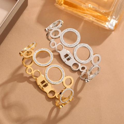 Mode Edelstahl Hohle Kreise Armreif Für Damen Gold Silber Plattiert Zirkonia Eingelegt Geometrisches Rundes Armband