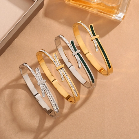 Elegant Stainless Steel Bowknot Rhinestone Bangle For Women Full Pave Green White Stone Open Bangle Fashion Jewelry Gift