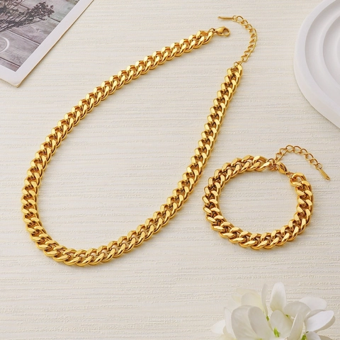 Hip Hop Stainless Steel Cuban Link Necklace Bracelet Jewelry Set For Men Women High Polished Gold Silver Chain Accessory