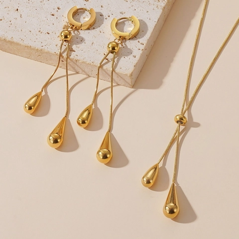 Minimalist Titanium Steel Teardrop Tassel Jewelry For Women Gold Plated Water Drop Necklace And Long Drop Earrings Accessory