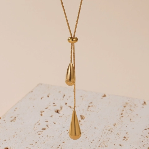 Minimalist Titanium Steel Teardrop Tassel Jewelry For Women Gold Plated Water Drop Necklace And Long Drop Earrings Accessory