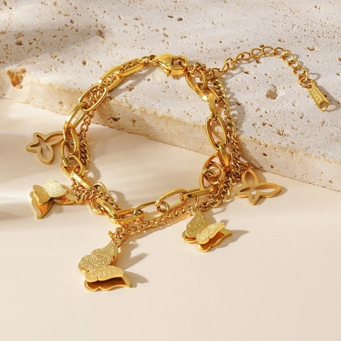 Butterfly Double Layer Bracelet Titanium Steel 18K Gold Plated Hollow Frosted Charms Adjustable Jewelry For Women