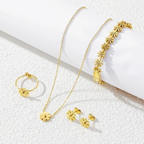 Collier en Acier Inoxydable Fleur de Marguerite Bracelet Bague Réglable Boucles d'Oreilles pour Femmes Bijoux Floraux Minimalistes