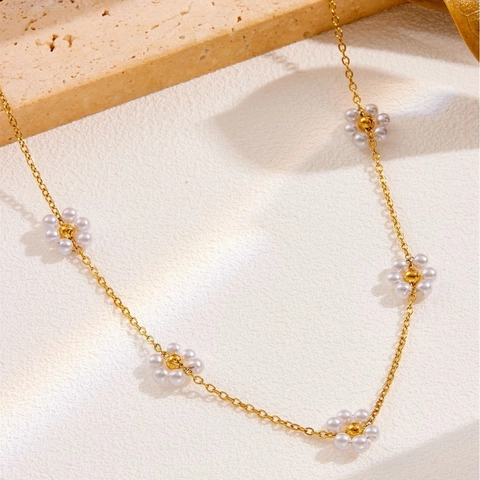 Bijoux En Acier Inoxydable Collier Et Bracelet Künstliche Perle Fleur Pour Femmes Marguerite Plaquée Or Charme Künstliche Perle Bijoux Réglables
