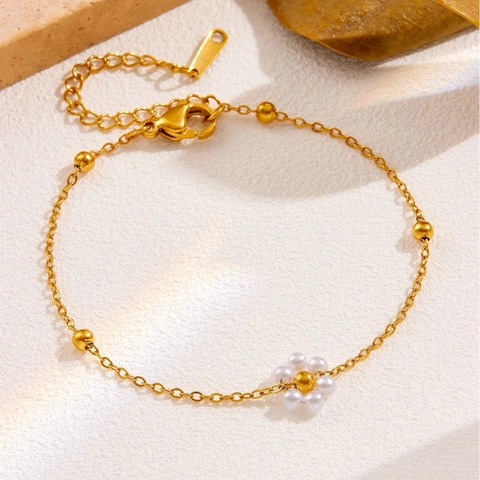 Bijoux En Acier Inoxydable Collier Et Bracelet Künstliche Perle Fleur Pour Femmes Marguerite Plaquée Or Charme Künstliche Perle Bijoux Réglables