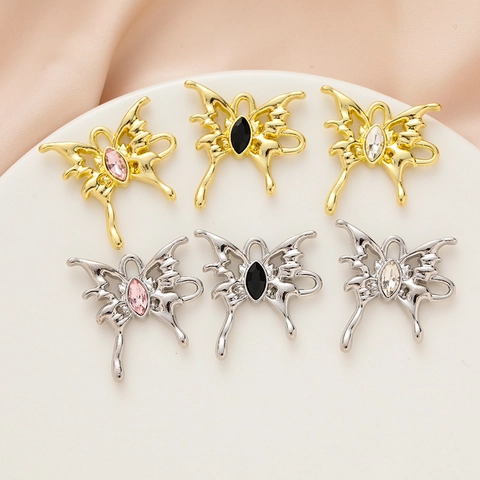 Alloy 3D Butterfly Pendant Charm Liquid Metal Style Hollow Out Rhinestone Inlaid DIY Jewelry Accessory For Earring Necklace