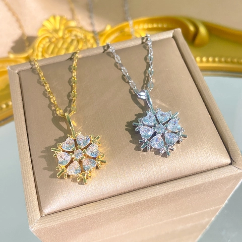 Edelstahl Schneeflocke Anhänger Halskette Damen Leicht Luxus Elegant Zirkonia Eingelegt Gold Silber Farbe Modeschmuck