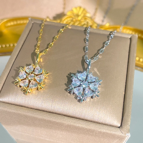 Edelstahl Schneeflocke Anhänger Halskette Damen Leicht Luxus Elegant Zirkonia Eingelegt Gold Silber Farbe Modeschmuck