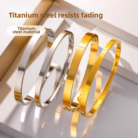 Minimalist Stainless Steel Mirror Polished Bangle For Women Titanium Steel Glossy Hinge Bracelet Jewelry Elegant Oval Wristband