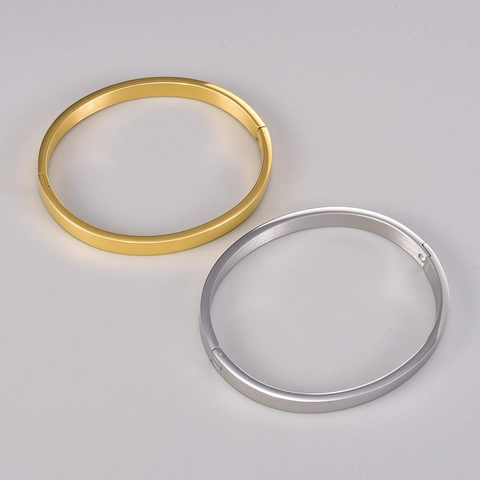 Minimalist Stainless Steel Mirror Polished Bangle For Women Titanium Steel Glossy Hinge Bracelet Jewelry Elegant Oval Wristband