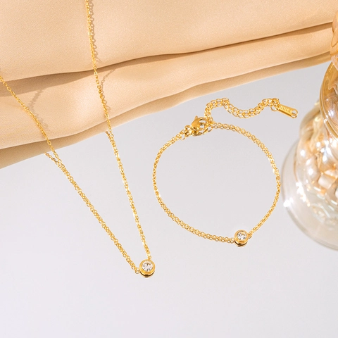 Minimalist Titanium Steel Single Rhinestone Necklace And Bracelet Round Pendant Clavicle Chain Jewelry For Women Fashion