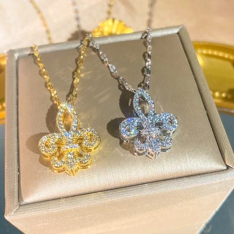 Fleur-de-lis Anhänger Halskette Titanstahl Kupfer Zirkonia Eingelegt Gold Silber Schlüsselbeinkette Schmuck Für Damen