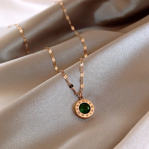 Damen Titanstahl Römische Ziffern Rund Anhänger Halskette Roségold Strass Mode Schmuck Schlüsselbein Kette
