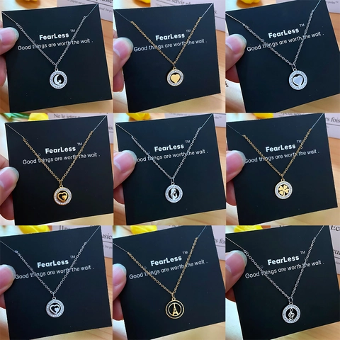 Stainless Steel Heart Moon Star Eiffel Tower Pendant Necklace For Women Rhinestone Inlaid Fashion Light Luxury Jewelry Gift