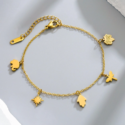 Edelstahl Hand Der Fatima Elefant Libelle Blatt Stern Anhänger Fußkettchen Für Damen Gold Silber Verstellbarer Fußschmuck