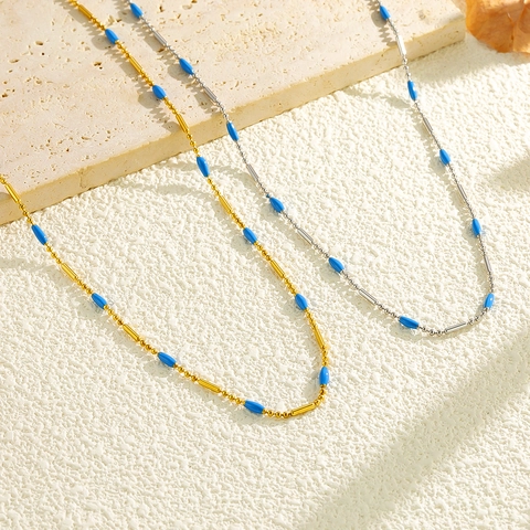 Collier en Acier Inoxydable Rétro Français Avec Perles Bleues Chaîne de Clavicule Minimaliste Plaqué Or Argent Bijoux Femme